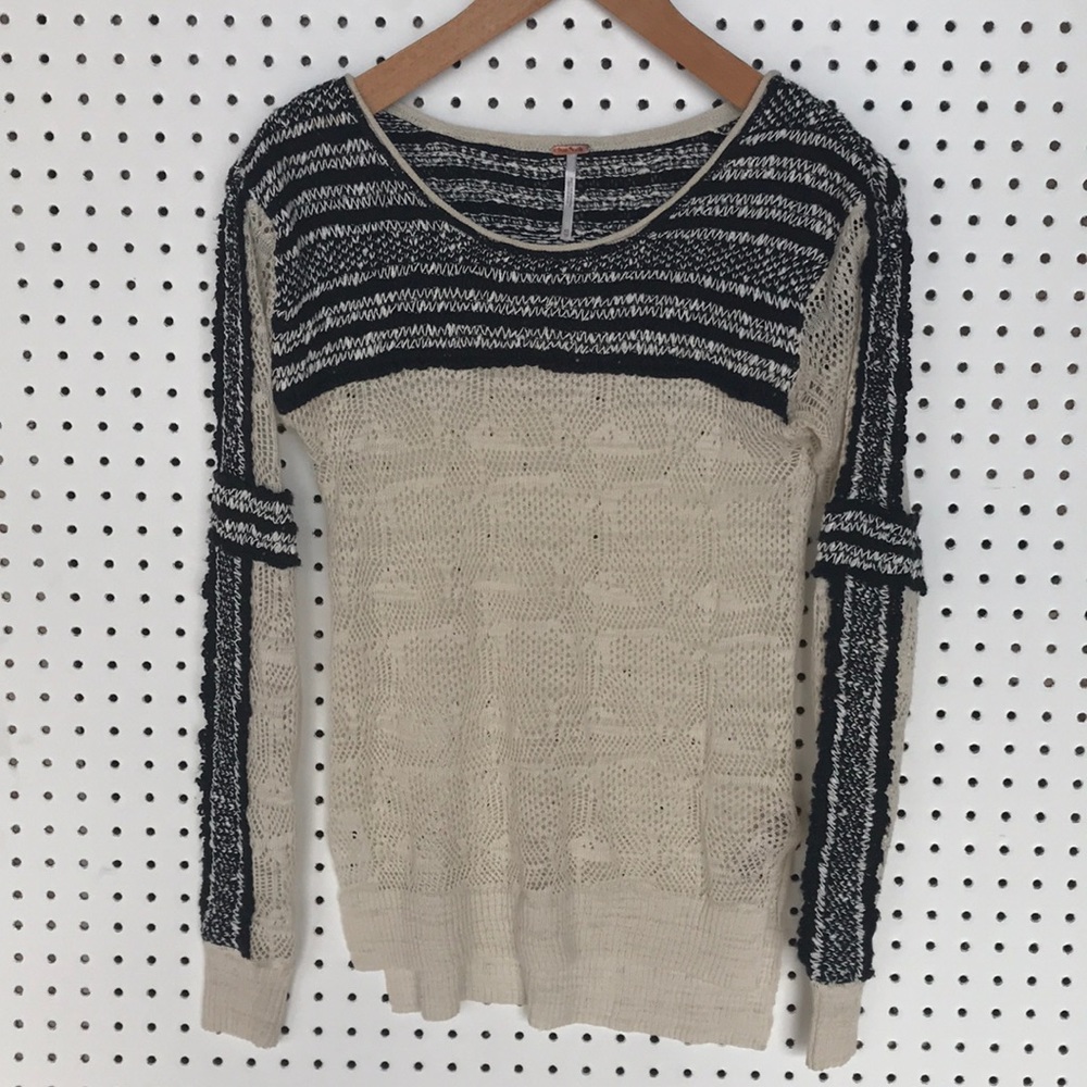 Free People pointelle lace sweater w black accent